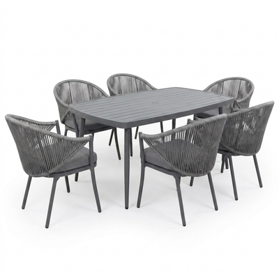 Outdoor Patio Dining Set Designed for All-Weather Use, 7-Piece Aluminum, Woven Rope Chairs, Grey Cushions