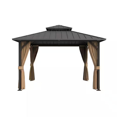 10 Ft. X 10 Ft. Double Galvanized Steel Roof Aluminum Frame Outdoor Patio Hardtop Gazebo with Netting and Curtains