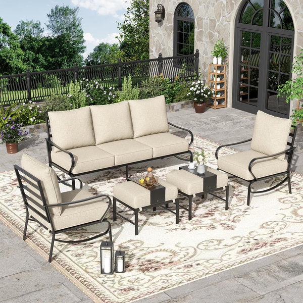 Patio Furniture Set,Metal Patio Furniture Sets,Beige Modern Outdoor Furniture,5 Piece Outdoor Patio Furniture with 5.75" Extra Thick Cushion for Backyard,Garden（Include Waterproof Covers）