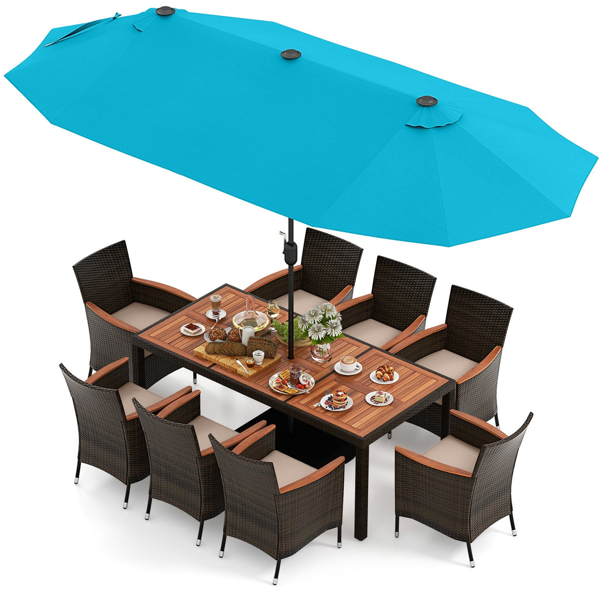 10 Piece Outdoor Dining Set with 15 Feet Double-Sided Twin Patio Umbrella