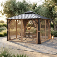 12 X 12 Feet Double-Roof Patio Hardtop Gazebo with Galvanized Steel Roof Netting and Curtains — Studio Shot