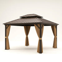 12 X 12 Feet Double-Roof Patio Hardtop Gazebo with Galvanized Steel Roof Netting and Curtains — Studio Shot