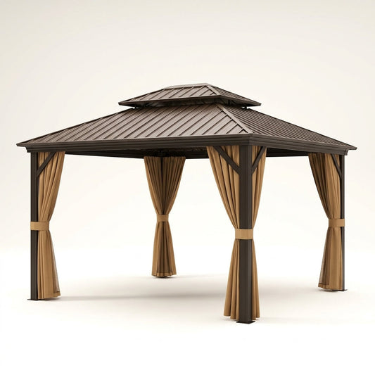 12 X 12 Feet Double-Roof Patio Hardtop Gazebo with Galvanized Steel Roof Netting and Curtains — Studio Shot