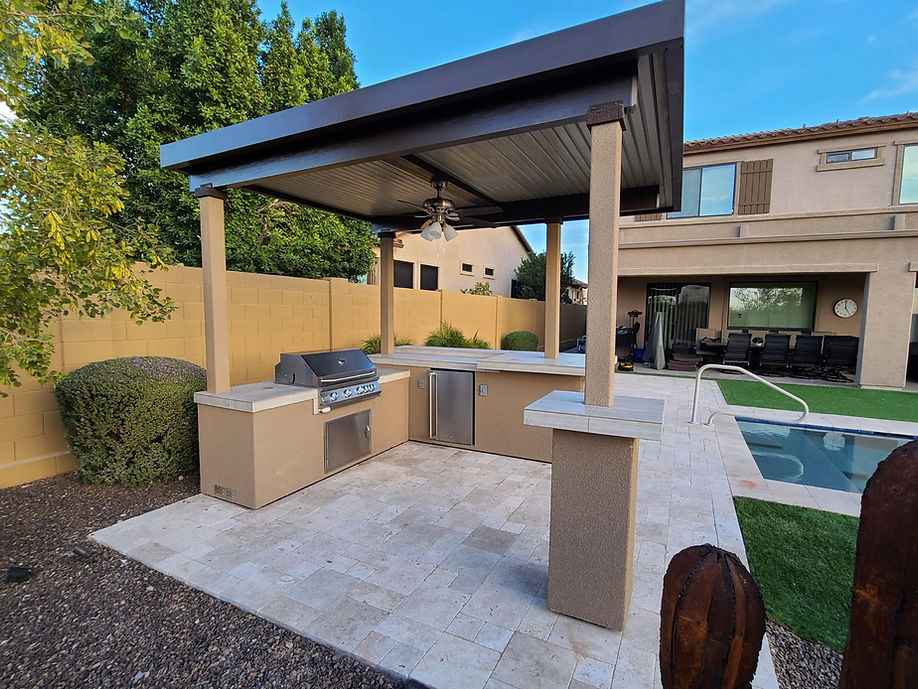 KoKoMo Outdoor Kitchen BBQ Island with 12' x 12' Pergola – Built-In 4-Burner Grill, Refrigerator, and Lighting