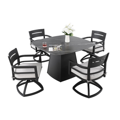 Outdoor Patio Dining Set, Squircle Dining Table, Dining Chairs With Sunbrella Cushions