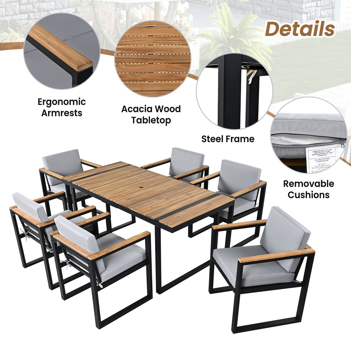 7 Pieces Outdoor Dining Set Patio Dining Table And Chair Set With And Removable Cushions For Patio