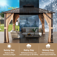 12 X 12 Feet Double-Roof Patio Hardtop Gazebo with Galvanized Steel Roof Netting and Curtains