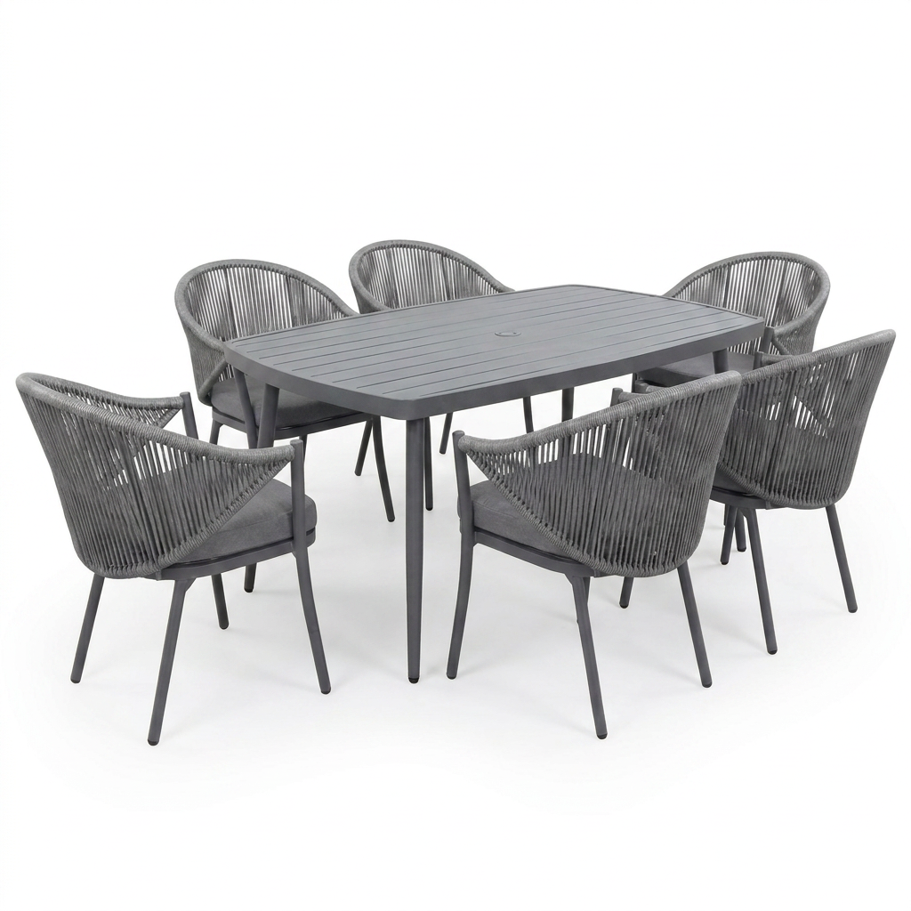 7-Piece Aluminum Outdoor Patio Dining Set with Grey Cushion — Studio Shot