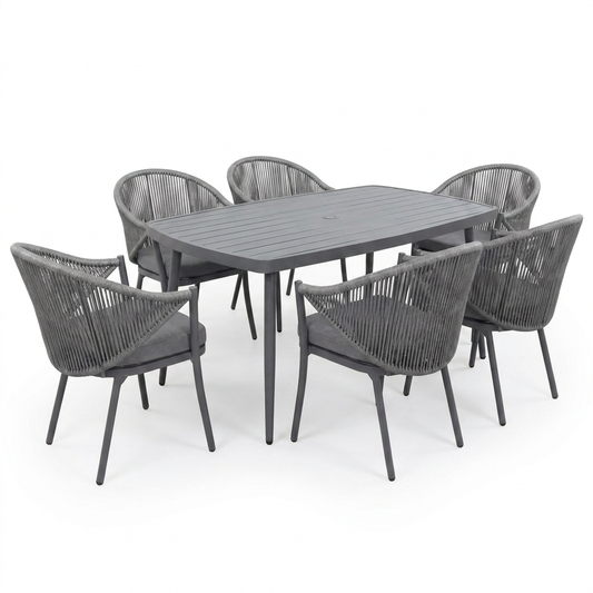 7-Piece Aluminum Outdoor Patio Dining Set with Grey Cushion — Studio Shot