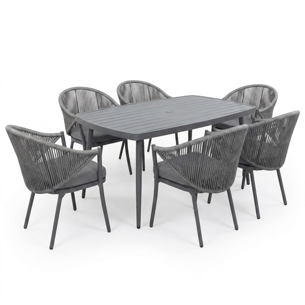7-Piece Aluminum Outdoor Patio Dining Set with Grey Cushion — Studio Shot