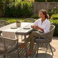 7-Piece Aluminum Outdoor Patio Dining Set with Grey Cushion — Lifestyle