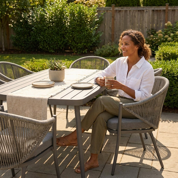 Outdoor Patio Dining Set Designed for All-Weather Use, 7-Piece Aluminum, Woven Rope Chairs, Grey Cushions