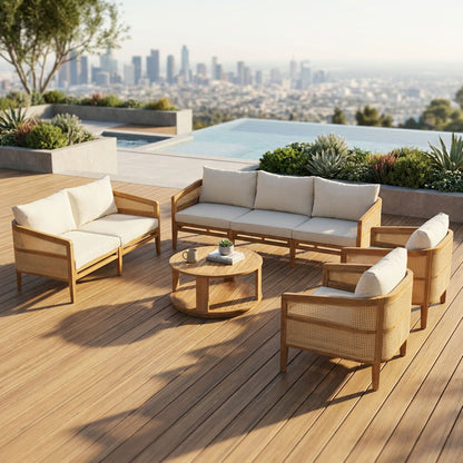 Acacia Wood Patio Furniture Set with Water-Resistant Cushions - Brown/Beige