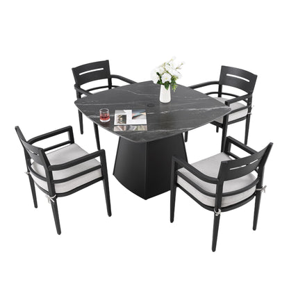 Outdoor Patio Dining Set, Squircle Dining Table, Dining Chairs With Sunbrella Cushions