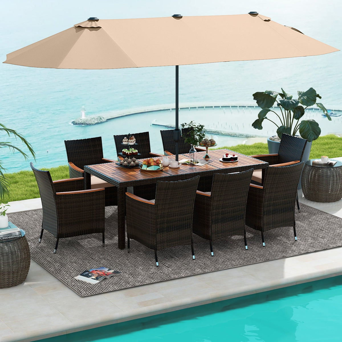 10 Piece Outdoor Dining Set with 15 Feet Double-Sided Twin Patio Umbrella