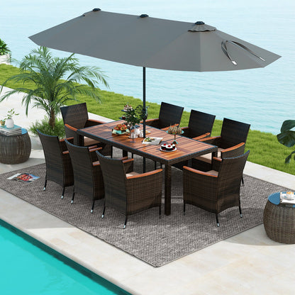 10 Piece Outdoor Dining Set with 15 Feet Double-Sided Twin Patio Umbrella