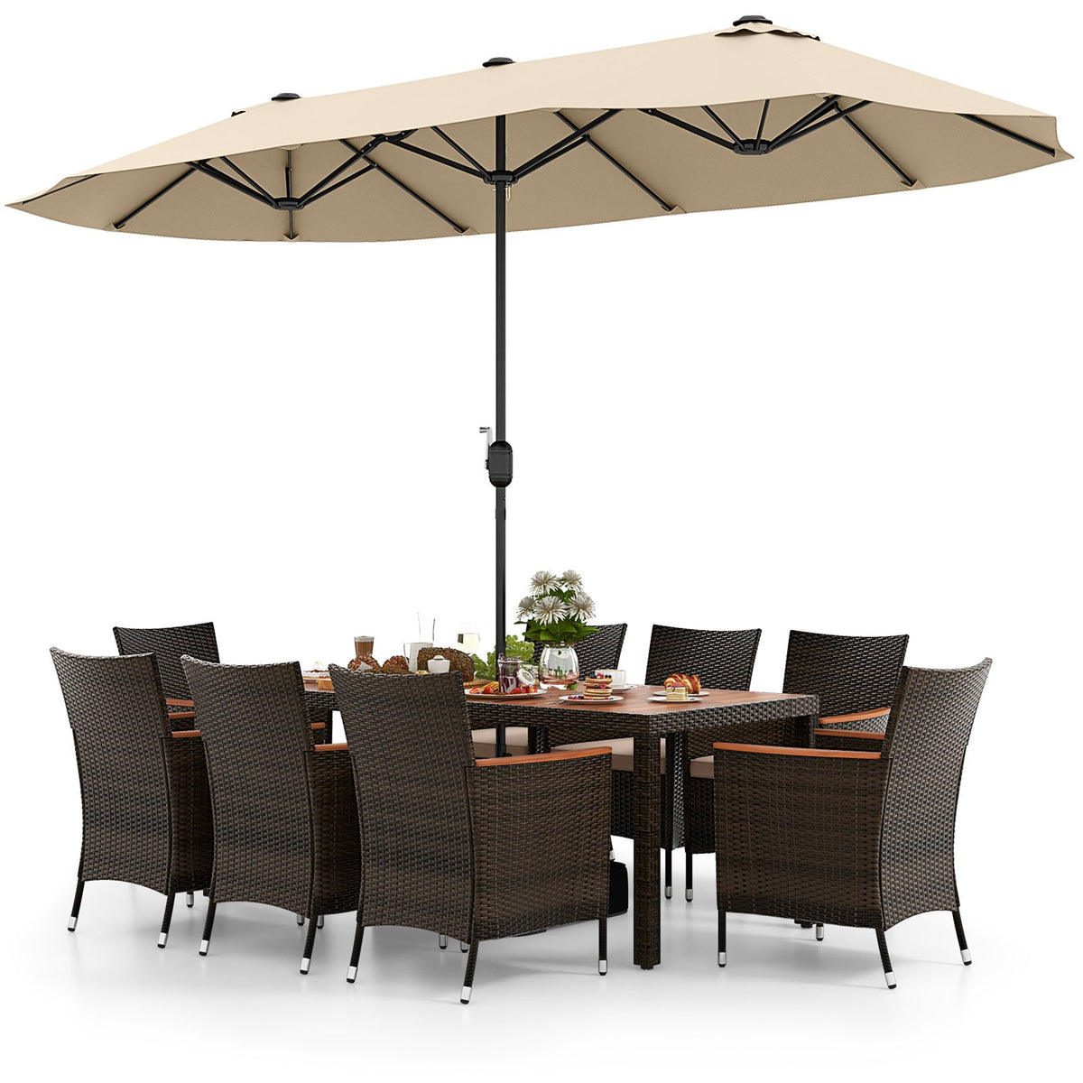 10 Piece Outdoor Dining Set with 15 Feet Double-Sided Twin Patio Umbrella