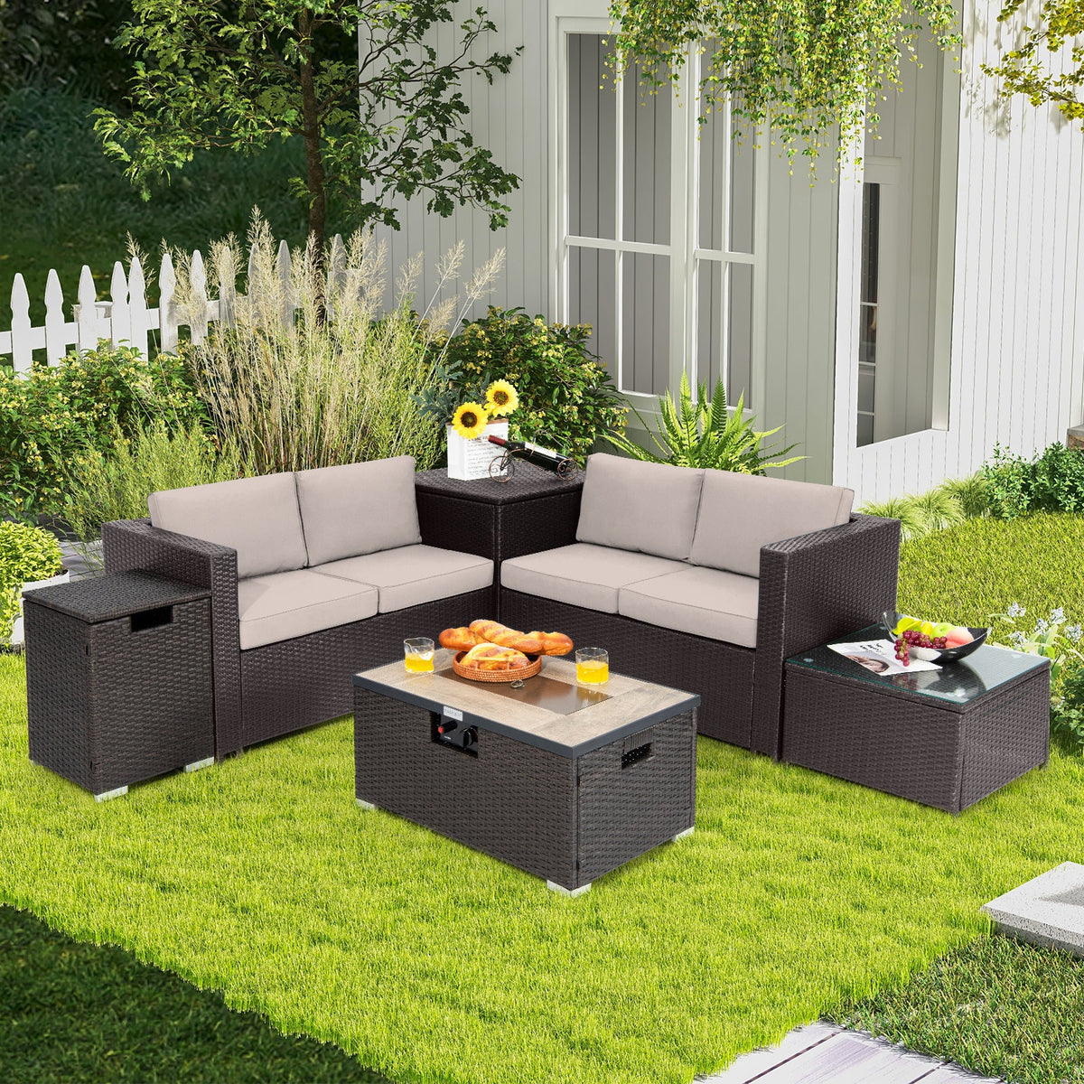 6 Pieces Outdoor Wicker Furniture Set with 32 Inch Propane Fire Pit Table