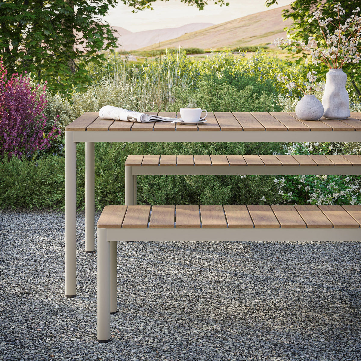 Finn Outdoor Patio Aluminum Faux Wood Dining Set with Benches by Modway