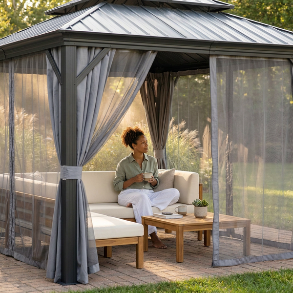 Patio Gazebo Built for All-Weather Use, 10x10 Hardtop, Galvanized Steel Roof, Aluminum Frame