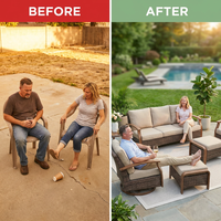 Wicker Patio Furniture Sets,5 Pieces Outdoor Conversation Sets with Swivel Rocker Chairs Sofa and Ottomans for Deck Porch Poolside — Before & After
