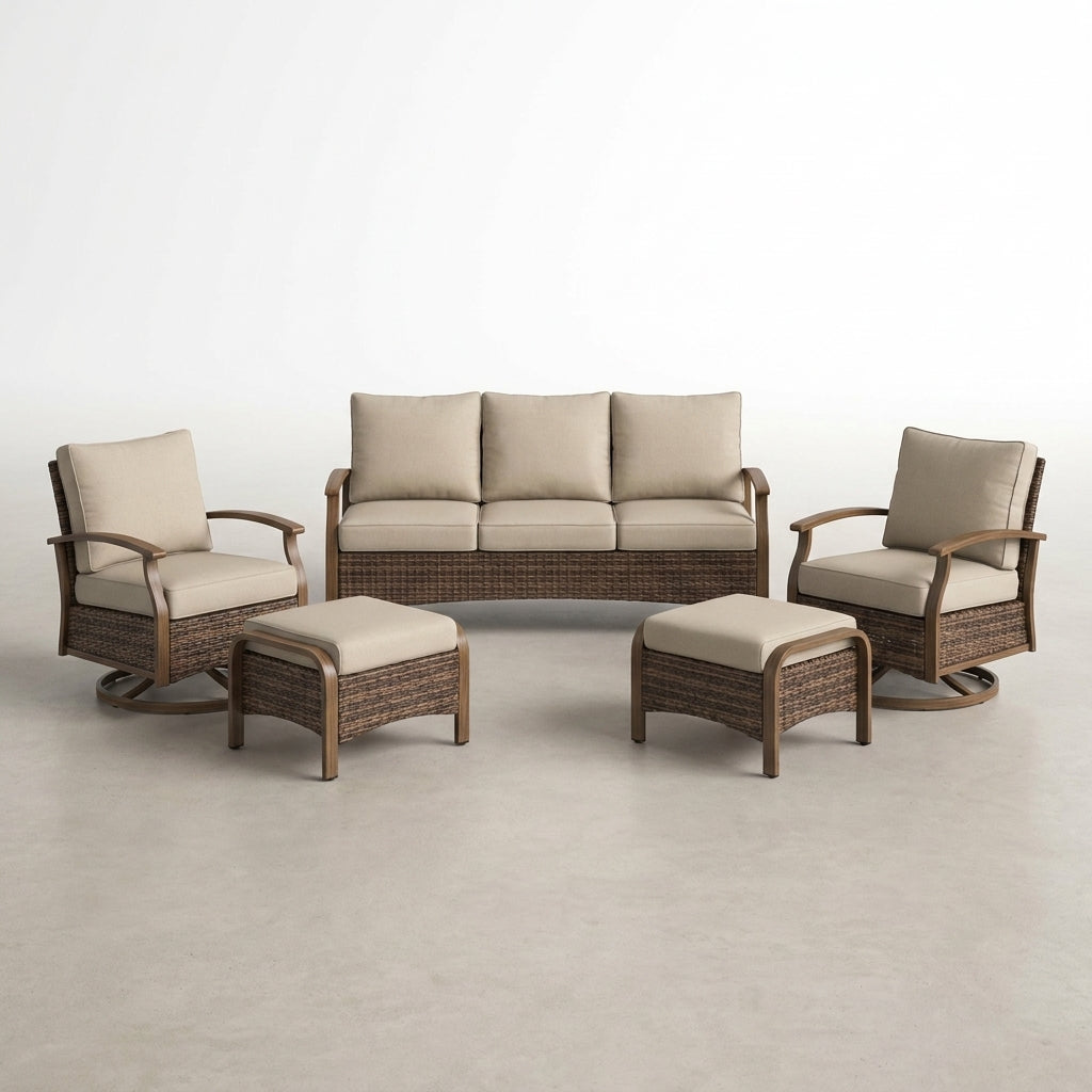 Wicker Patio Furniture Sets,5 Pieces Outdoor Conversation Sets with Swivel Rocker Chairs Sofa and Ottomans for Deck Porch Poolside — Studio Shot