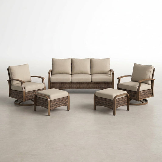 Wicker Patio Furniture Sets,5 Pieces Outdoor Conversation Sets with Swivel Rocker Chairs Sofa and Ottomans for Deck Porch Poolside — Studio Shot