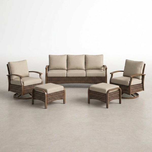 Wicker Patio Furniture Sets,5 Pieces Outdoor Conversation Sets with Swivel Rocker Chairs Sofa and Ottomans for Deck Porch Poolside — Studio Shot