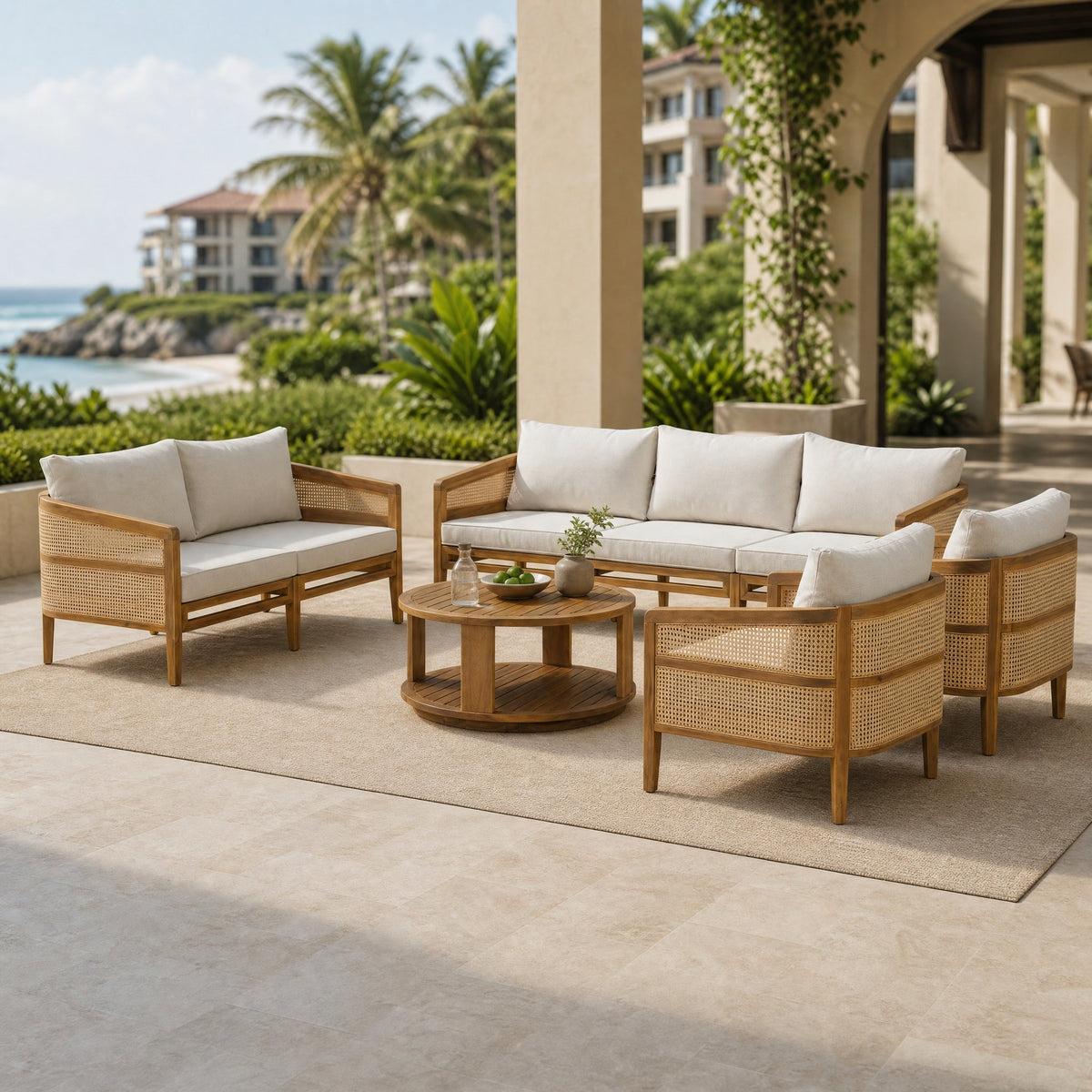Acacia Wood Patio Furniture Set with Water-Resistant Cushions - Brown/Beige