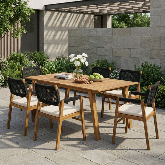 Outdoor 7 Pieces Patio Slat Design Acacia Upholstered Dining Set