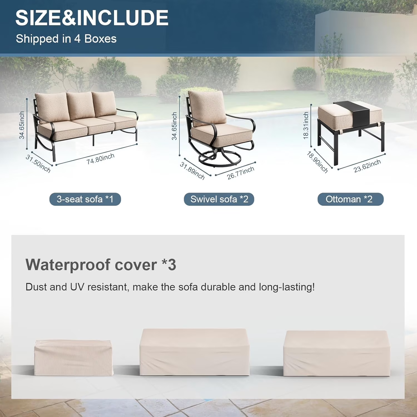 Patio Furniture Set,Metal Patio Furniture Sets,Beige Modern Outdoor Furniture,5 Piece Outdoor Patio Furniture with 5.75" Extra Thick Cushion for Backyard,Garden（Include Waterproof Covers）