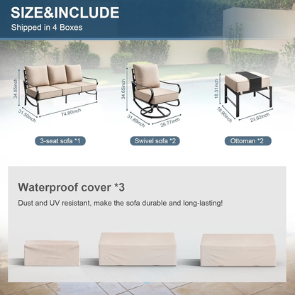Patio Furniture Set,Metal Patio Furniture Sets,Beige Modern Outdoor Furniture,5 Piece Outdoor Patio Furniture with 5.75" Extra Thick Cushion for Backyard,Garden（Include Waterproof Covers）