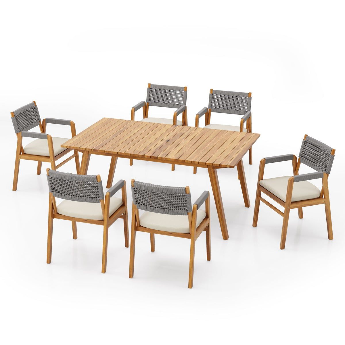Outdoor 7 Pieces Patio Slat Design Acacia Upholstered Dining Set