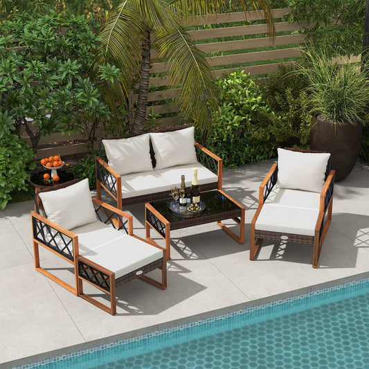 7 Pieces Patio Furniture Set PE Wicker Acacia Wood Outdoor Conversation Set
