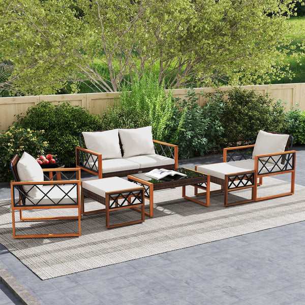 7 Pieces Patio Furniture Set PE Wicker Acacia Wood Outdoor Conversation Set