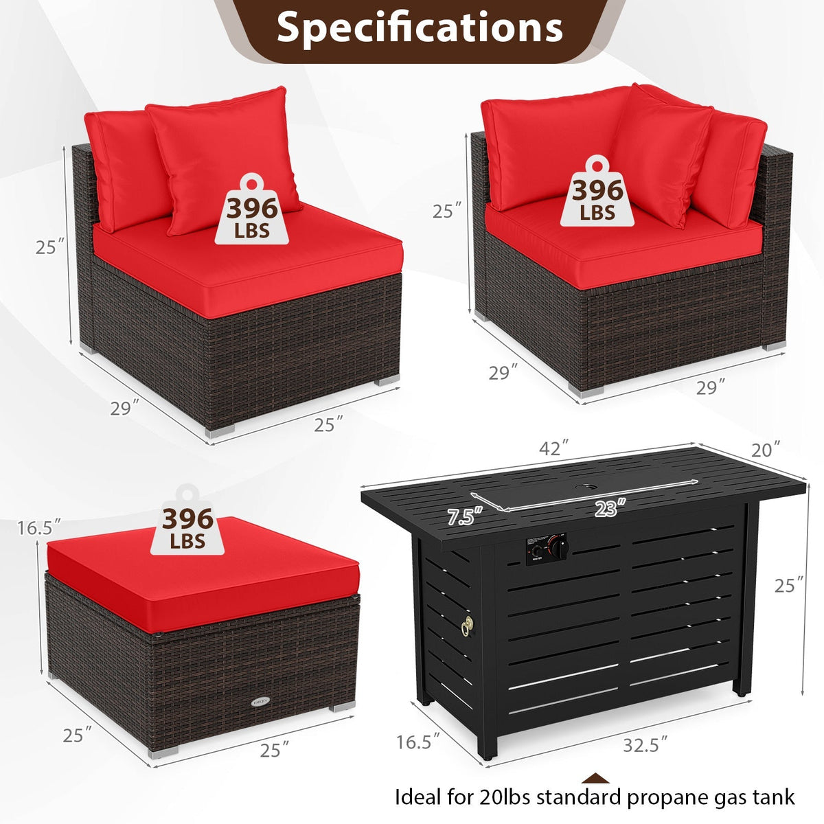 Heavy-duty Frame Rattan Sofa Set with 60000 BTU Firepit Table