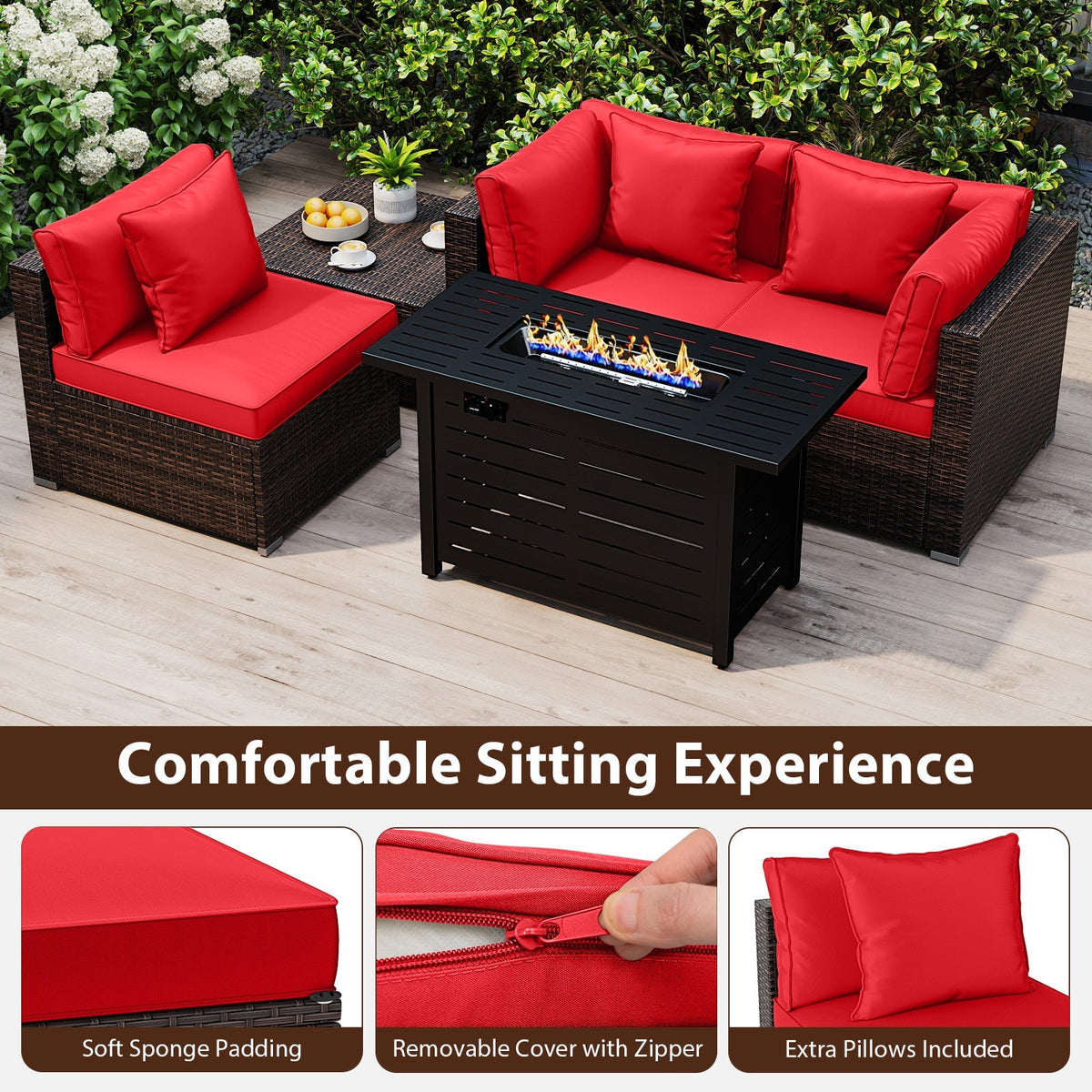 Heavy-duty Frame Rattan Sofa Set with 60000 BTU Firepit Table