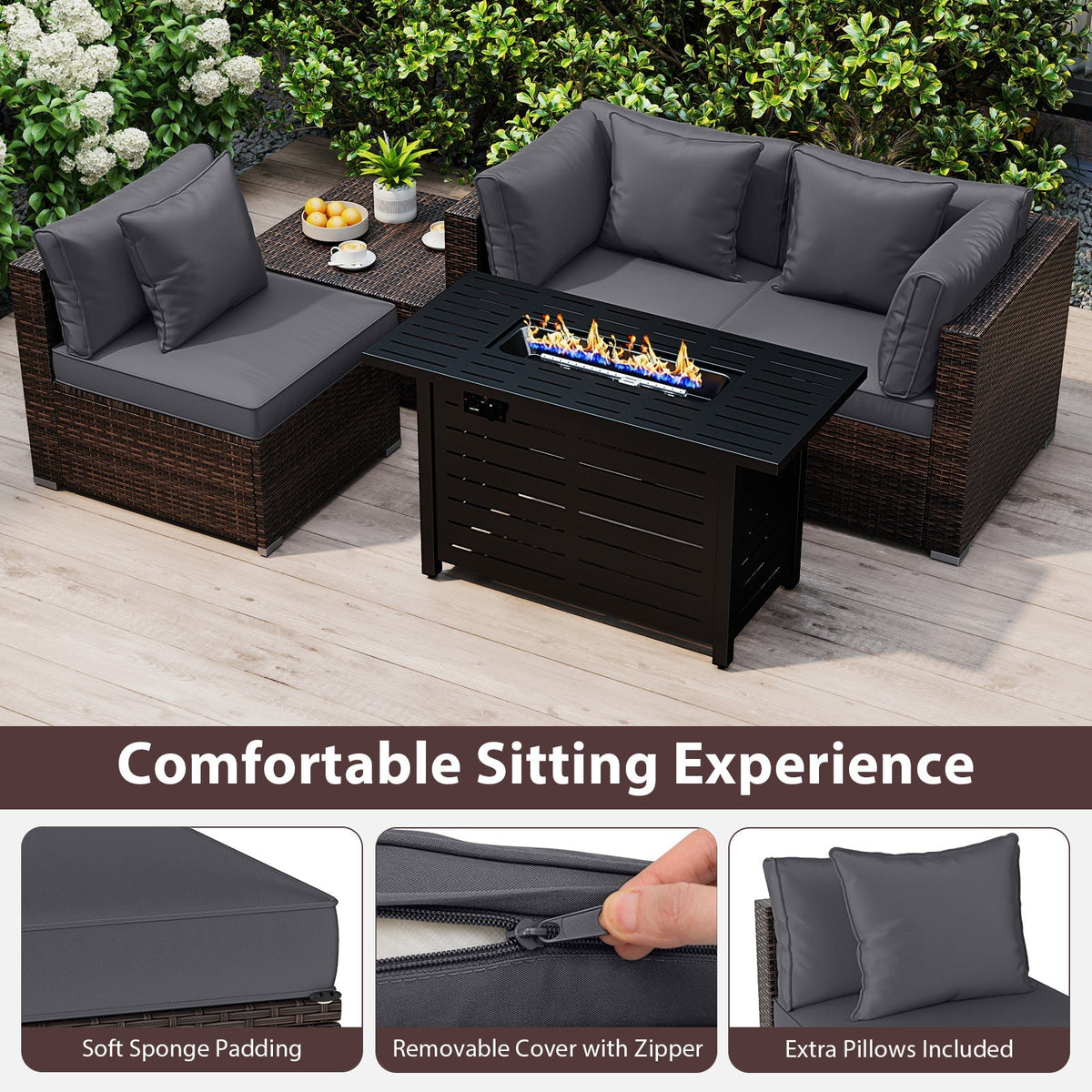 Heavy-duty Frame Rattan Sofa Set with 60000 BTU Firepit Table