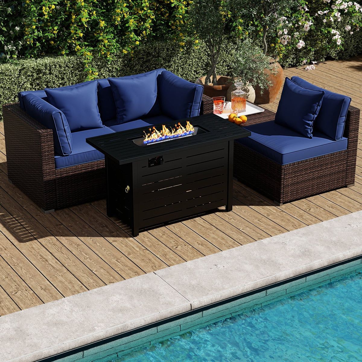 Heavy-duty Frame Rattan Sofa Set with 60000 BTU Firepit Table