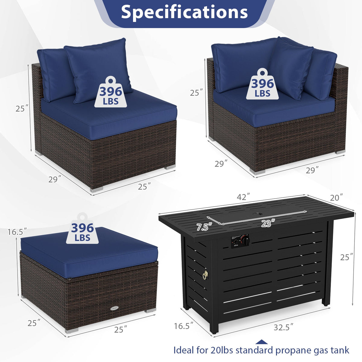 Heavy-duty Frame Rattan Sofa Set with 60000 BTU Firepit Table