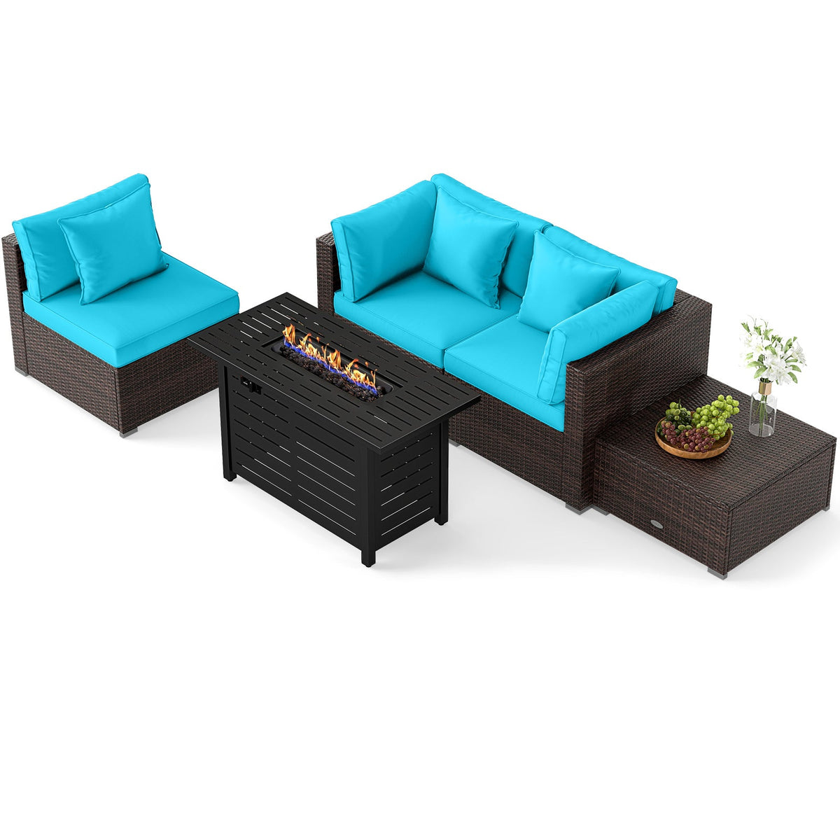 Heavy-duty Frame Rattan Sofa Set with 60000 BTU Firepit Table