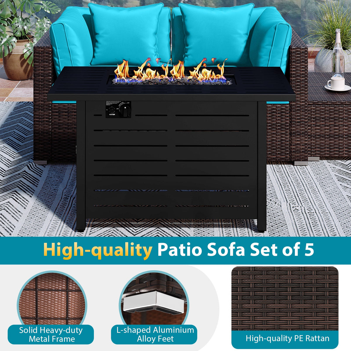 Heavy-duty Frame Rattan Sofa Set with 60000 BTU Firepit Table